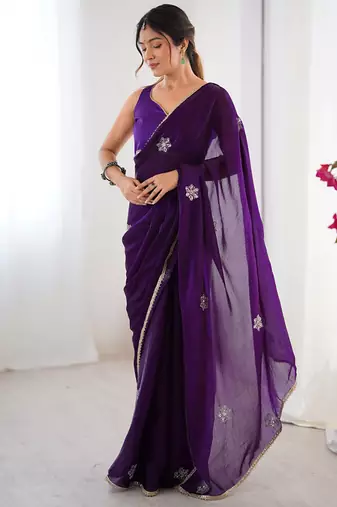 purple heavy smooth sitara mirror work satin saree