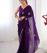 purple heavy smooth sitara mirror work satin saree