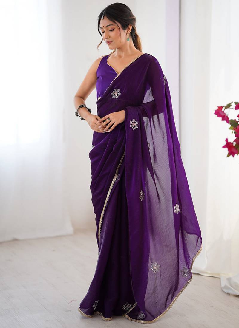purple heavy smooth sitara mirror work satin saree