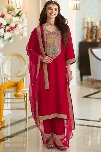 Women Ethnic Motifs Embroidered Regular Kurta with Trousers & With Dupatta
