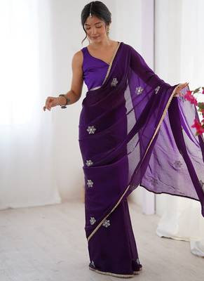 purple heavy smooth sitara mirror work satin saree 2