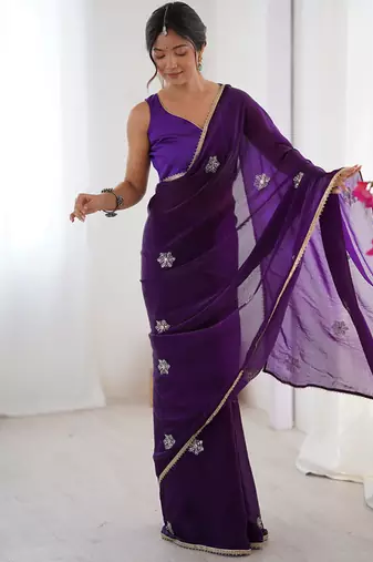 purple heavy smooth sitara mirror work satin saree