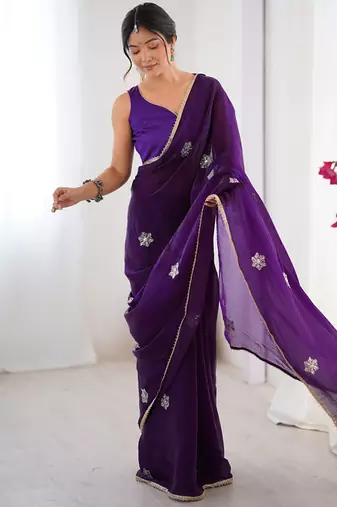 purple heavy smooth sitara mirror work satin saree