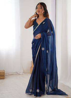 navy blue heavy smooth sitara mirror work satin saree 1