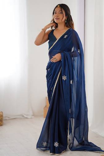 navy blue heavy smooth sitara mirror work satin saree