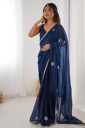 navy blue heavy smooth sitara mirror work satin saree