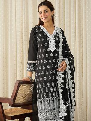 Women Ethnic Motifs Embroidered Regular Chikankari Pure Cotton Kurta with Trousers & With Dupatta 1