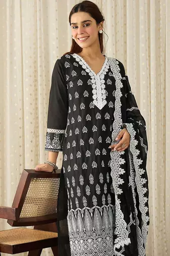 Women Ethnic Motifs Embroidered Regular Chikankari Pure Cotton Kurta with Trousers & With Dupatta
