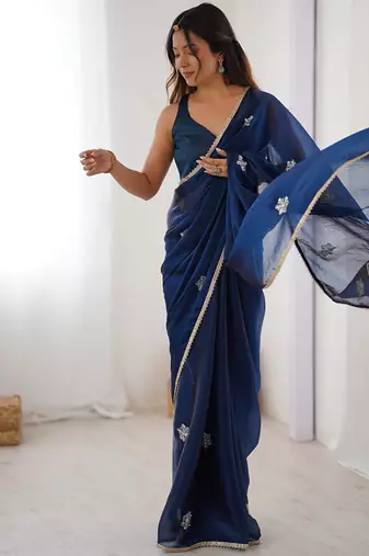 navy blue heavy smooth sitara mirror work satin saree