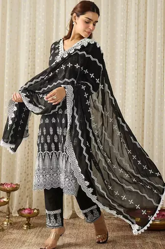 Women Ethnic Motifs Embroidered Regular Chikankari Pure Cotton Kurta with Trousers & With Dupatta