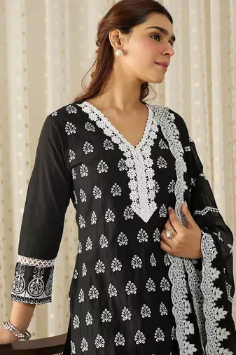 Women Ethnic Motifs Embroidered Regular Chikankari Pure Cotton Kurta with Trousers & With Dupatta
