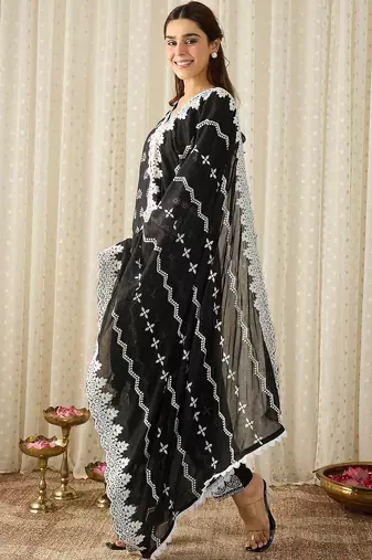 Women Ethnic Motifs Embroidered Regular Chikankari Pure Cotton Kurta with Trousers & With Dupatta