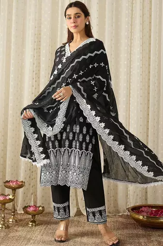 Women Ethnic Motifs Embroidered Regular Chikankari Pure Cotton Kurta with Trousers & With Dupatta