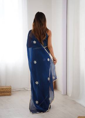navy blue heavy smooth sitara mirror work satin saree 3