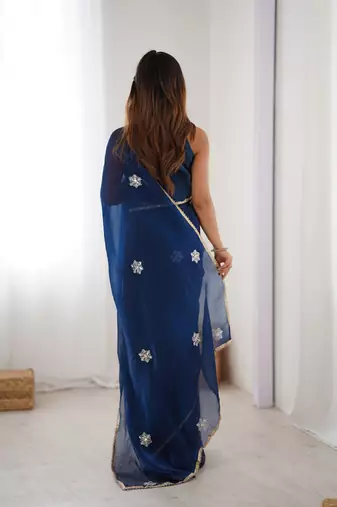navy blue heavy smooth sitara mirror work satin saree