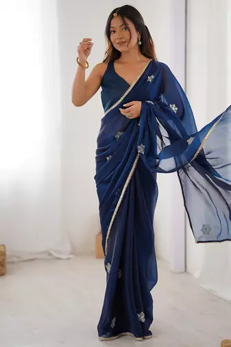 navy blue heavy smooth sitara mirror work satin saree