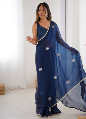 navy blue heavy smooth sitara mirror work satin saree 5