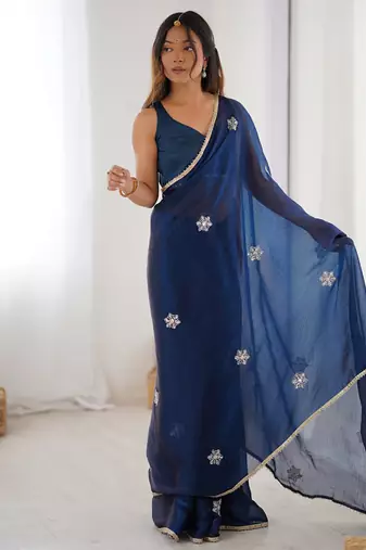 navy blue heavy smooth sitara mirror work satin saree