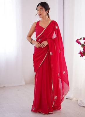 red heavy smooth sitara mirror work satin saree 1