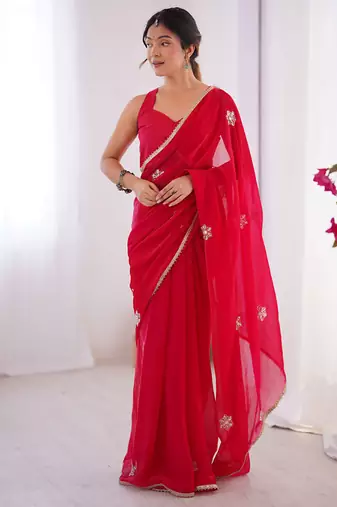 red heavy smooth sitara mirror work satin saree