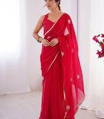 red heavy smooth sitara mirror work satin saree