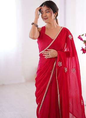 red heavy smooth sitara mirror work satin saree 2