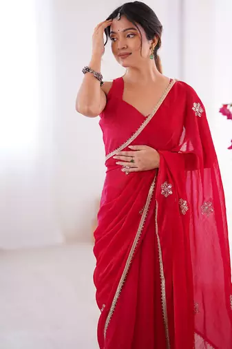 red heavy smooth sitara mirror work satin saree