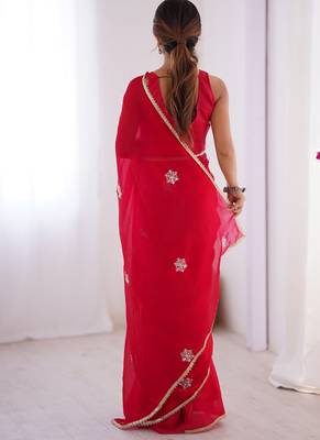 red heavy smooth sitara mirror work satin saree 3