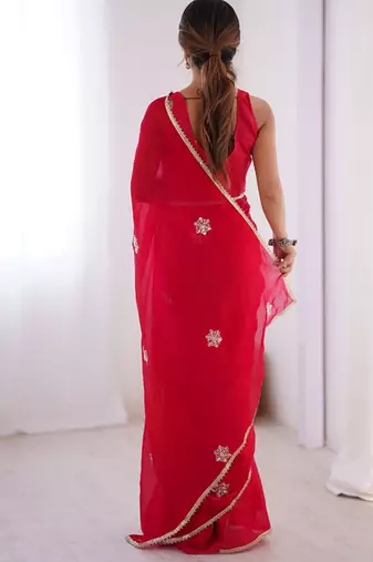 red heavy smooth sitara mirror work satin saree