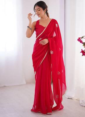 red heavy smooth sitara mirror work satin saree 4