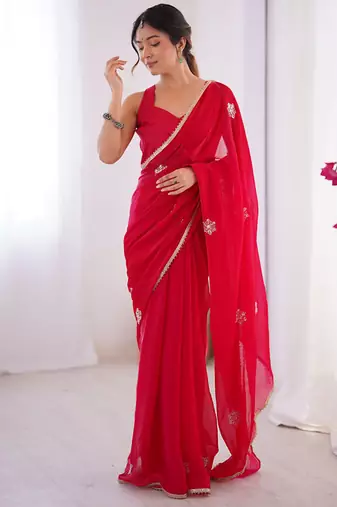 red heavy smooth sitara mirror work satin saree