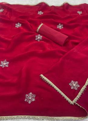 red heavy smooth sitara mirror work satin saree 5