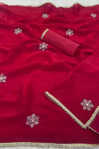 red heavy smooth sitara mirror work satin saree