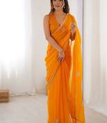 orange heavy smooth sitara mirror work satin saree