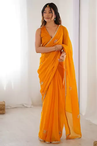 orange heavy smooth sitara mirror work satin saree