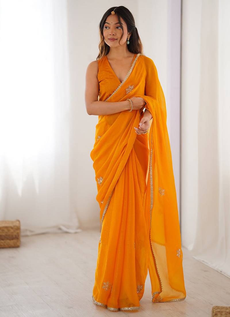 orange heavy smooth sitara mirror work satin saree