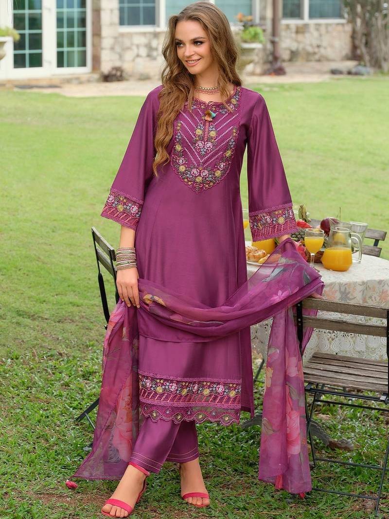 Floral Embroidered Thread Work Kurta with Palazzo & With Dupatta