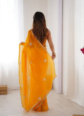 orange heavy smooth sitara mirror work satin saree 4