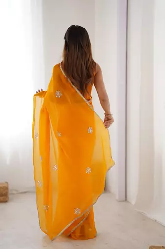 orange heavy smooth sitara mirror work satin saree