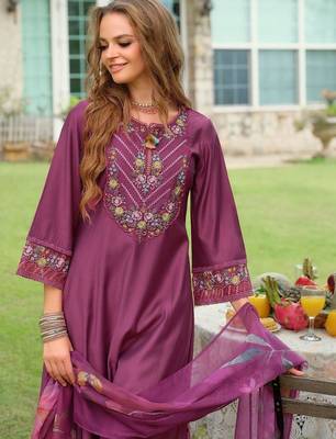 Floral Embroidered Thread Work Kurta with Palazzo & With Dupatta 6