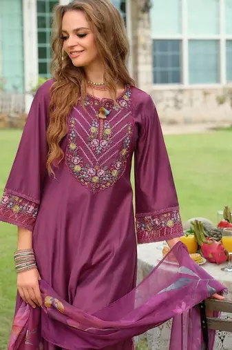 Floral Embroidered Thread Work Kurta with Palazzo & With Dupatta