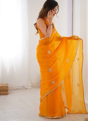 orange heavy smooth sitara mirror work satin saree 5