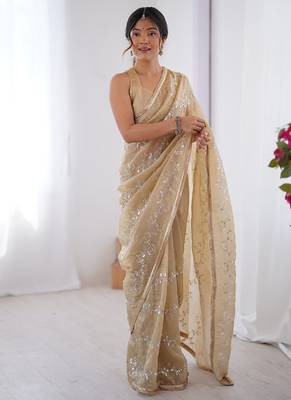 beige heavy smooth gold crush mirror work satin saree 1