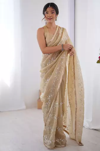beige heavy smooth gold crush mirror work satin saree
