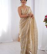 beige heavy smooth gold crush mirror work satin saree