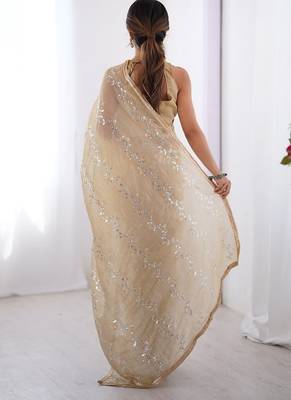 beige heavy smooth gold crush mirror work satin saree 2