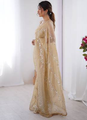 beige heavy smooth gold crush mirror work satin saree 3
