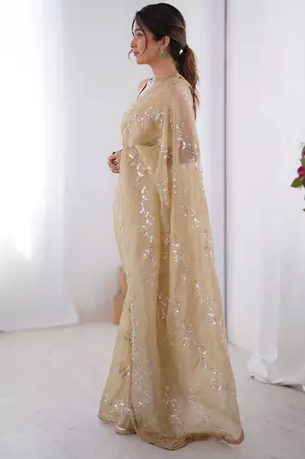 beige heavy smooth gold crush mirror work satin saree