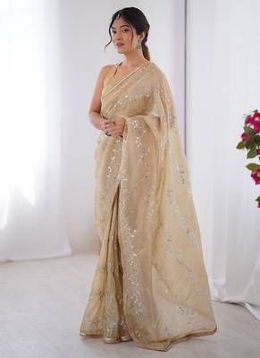 beige heavy smooth gold crush mirror work satin saree 4