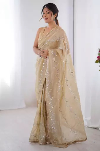 beige heavy smooth gold crush mirror work satin saree